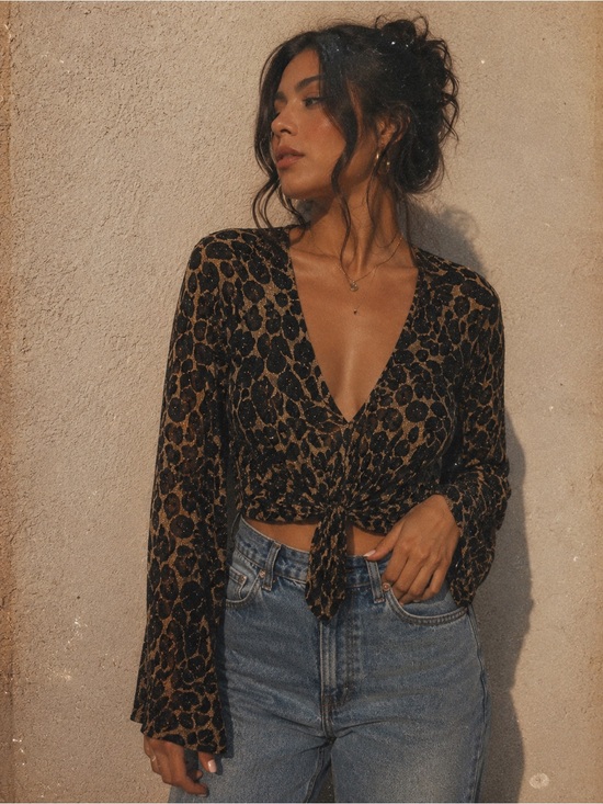 Tops - Leopard Print Shimmer Tie-Front Cardigan Top Black Tan Glam